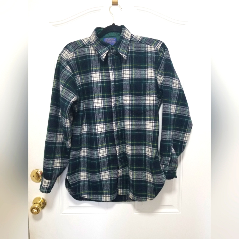 Pendleton Board Shirt Mens Medium 70s Green Navy Campbell Tartan Virgin Wool US